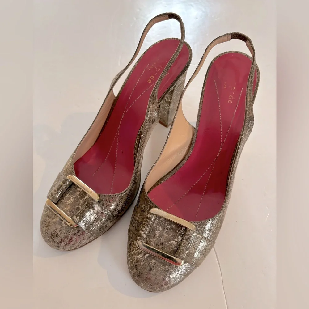 KATE SPADE Gold Metallic Sling Back Block Heels 8